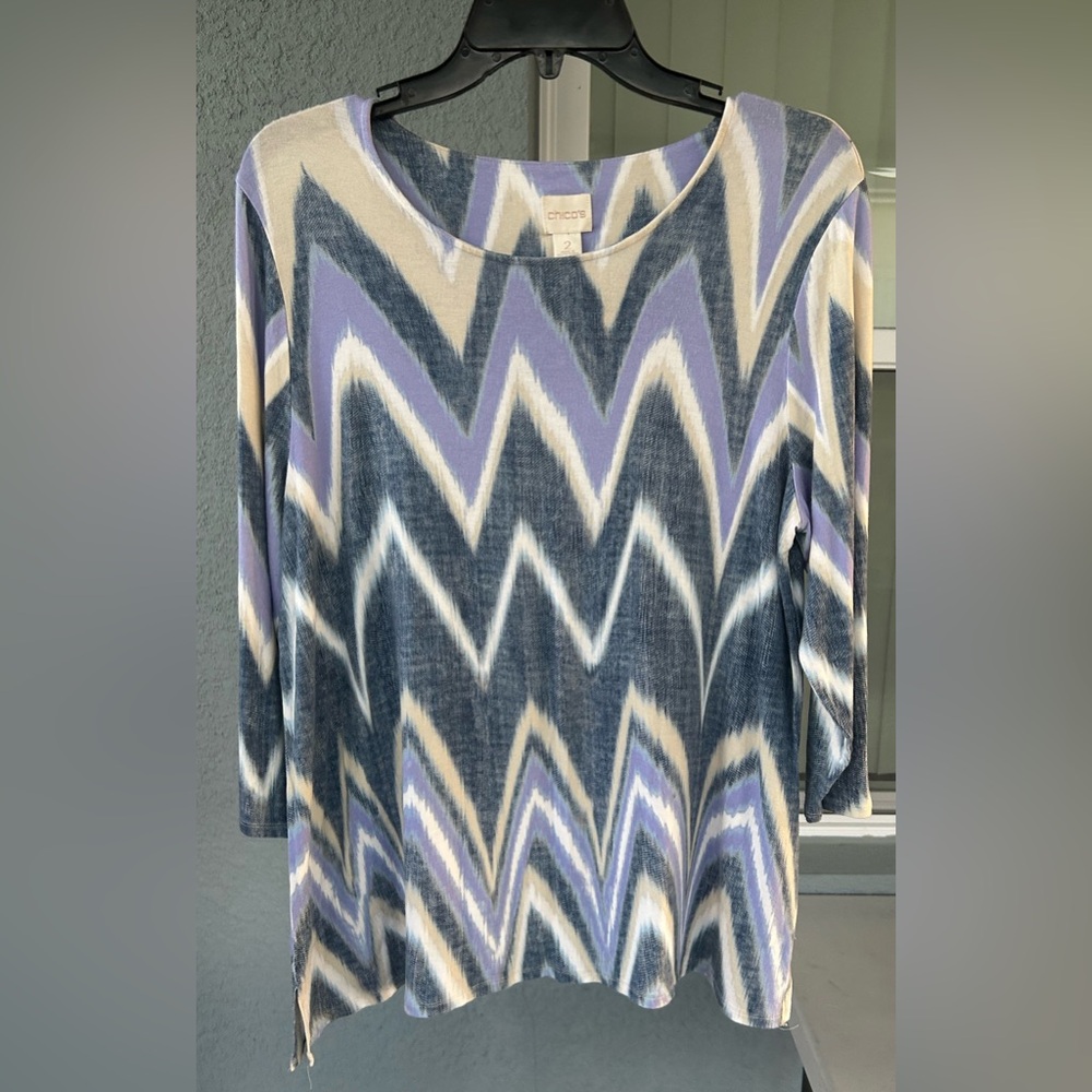 Chico’s Stretchy Pullover Zigzag 3/4 Sleeves Top Size 2/Size L